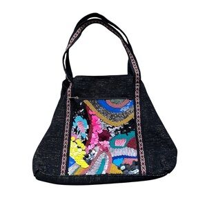America and Beyond Black Beaded Boho Tote, Triple Entry Embellished Shoulder Bag